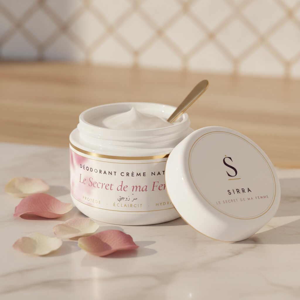 Le pot ouvert, texture de crème blanche onctueuse et spatule dorée